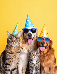 Playful dogs and cats posing for birthday party with colorful hats and sunglasses