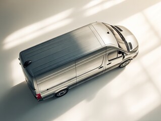 Overhead view of a silver cargo van, subtly illuminated by slanted sunlight on a neutral backdrop.  The van is positioned at a slight angle