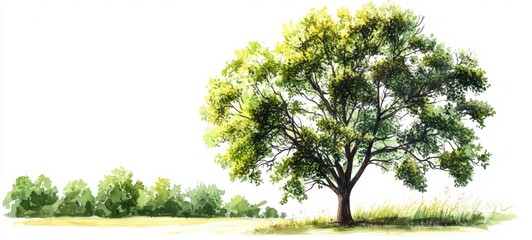 A serene watercolor landscape featuring an ash tree in bloom.