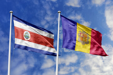 3D illustration. Costa Rica and Andorra flags waving in the sky. High detailed waving flag. 3D render. Flags fluttered in the cloudy sky, symbolizing diplomatic relations.