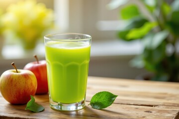 Fototapeta premium a refreshing glass of green apple juice glowing softly on a wooden table, highlighting detoxifying and digestive benefits.