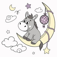 An adorable Donkey with a Happy vibe, sitting on a moon, and a Dreamland Fantasy dream theme – SVG style