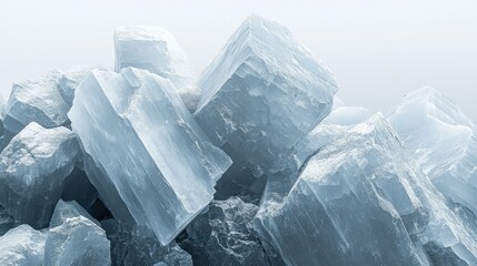 Obraz premium Pile of raw, translucent halite crystals against a foggy background. Use this geology shot for science and mineralogy concepts.