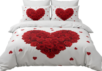 A Romantic Valentines Day Bedding Ensemble Red Roses in a Heart Shape isolated on transparent background