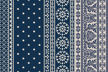 Floral Embroidery Ikat Saree Pattern in Traditional Ethnic Style, Abstract Fabric Design for Clothing Wrapping and Decoration, Seamless Textile Motif Background Vector.