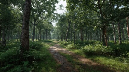 Fototapeta premium Exploring a Serene Dirt Road Through the Enchanting Forest on World Environment Day