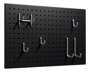 A wall-mounted pegboard for hanging tools and supplies in a garden shed at home.