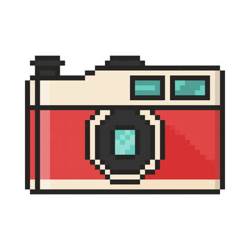 8 bit retro camera icon. Pixel art object. Old school vintage game graphic