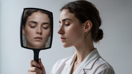 Young caucasian female reflecting in handheld mirror with thoughtful expression
