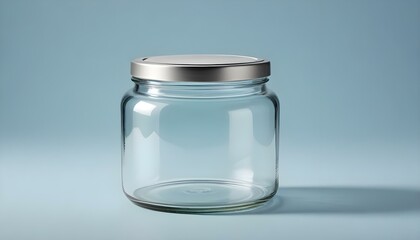 A sleek, empty glass jar with a shiny silver lid against a cool blue backdrop.