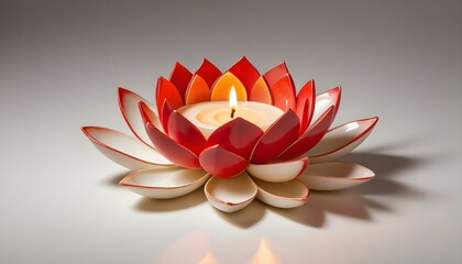 A stunning red and white lotus flower candle holder with a flickering candle.