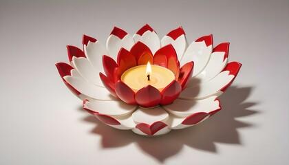 A lit candle sits inside a lotus flower candle holder, radiating a warm glow.