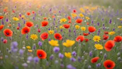 A beautiful meadow filled with red poppies, yellow daisies, and purple lavender in the sunshine.