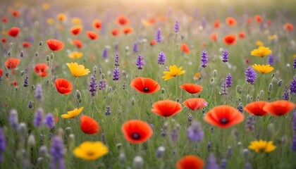 A beautiful meadow filled with colorful poppies and lavender flowers.