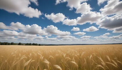 A beautiful golden wheat field under a vibrant blue sky filled with clouds.