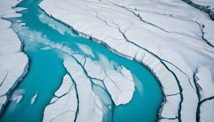 Vibrant turquoise glacial river winding through a frozen landscape of ice and snow.