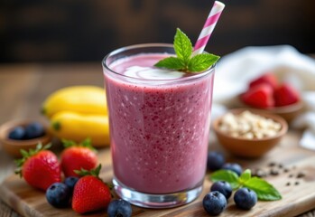 a glowing smoothie of mixed berries, chia seeds, and yogurt, representing fiber rich drinks that promote satiety and weight loss.