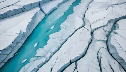 Aerial view of a turquoise river carving through a glacial landscape.