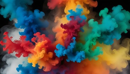 A stunning artwork featuring swirling, vibrant, multicolored smoke against a dark background.