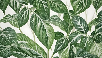 Beautiful green leaves with white veins on a light background creating a natural design.