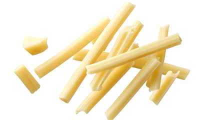 Cheese string cheese sticks flying on a white background