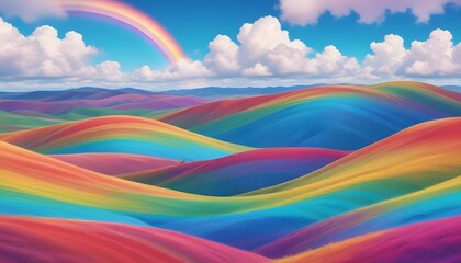 Colorful hills and a rainbow create a beautiful and magical landscape under the sun.