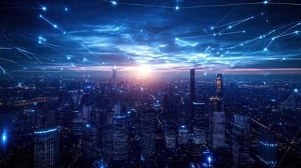 Fototapeta premium Aerial view of a modern city at dawn, with a network of glowing lines connecting buildings