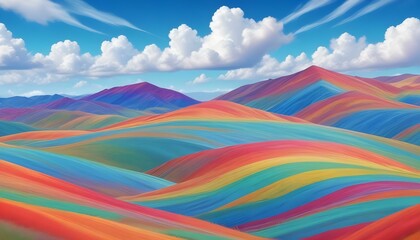 A stunning view of colorful hills and mountains under a bright blue sky with clouds.