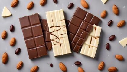 Delicious chocolate bars in milk, dark, and white with almonds and cocoa beans.
