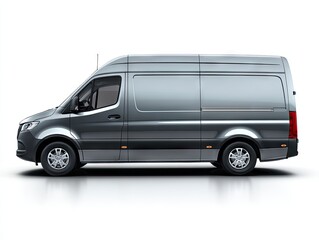 Sleek, silver high-top cargo van, side profile view against a white backdrop, showcasing its modern design and ample cargo space