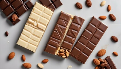 An overhead shot of assorted chocolate bars with almonds, a delicious treat.