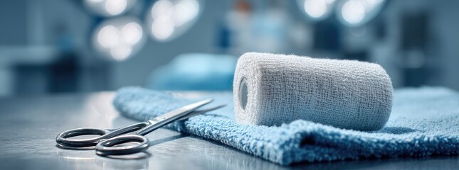 Sterile bandage roll rests on a blue cloth alongside surgical scissors in a blurred operating room background