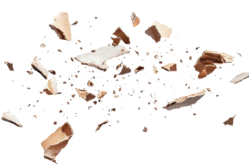 Flying debris created from an explosion disperses dust particles in a dynamic display against a transparent background capturing energy and movement