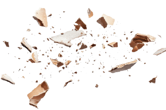 Flying debris created from an explosion disperses dust particles in a dynamic display against a transparent background capturing energy and movement