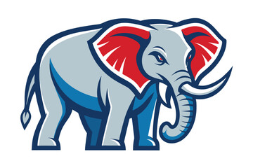 Cartoon elephant with red ears and blue legs shows a powerful presence