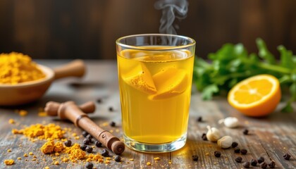a glass of glowing warm water with turmeric and black pepper, highlighting anti inflammatory and metabolism support.