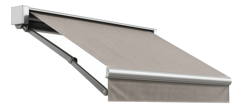 A retractable awning veranda for a townhouse, featuring a fabric canopy that can be extended or retracted as needed.