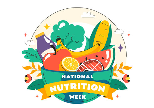 National Nutrition Week Day Illustration on September 7 Featuring Healthy Food and Lifestyle Choices such as Fruits and Vegetables in a Background