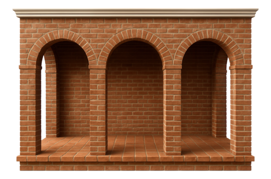 A traditional brick veranda for a historic home, with arched openings and terracotta tile flooring.