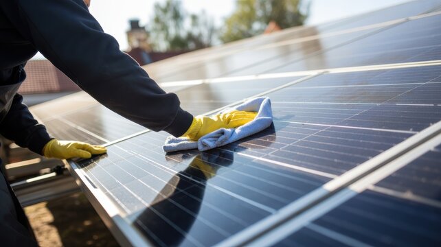 Technician cleaning solar panels with cloth on sunny day