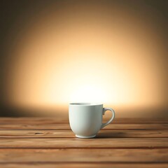 A single white ceramic coffee mug sits on a rustic wooden table with a warm glowing softly blurred background