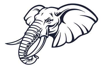Intense gray elephant head with orange eyes and tusks stares forward aggressively