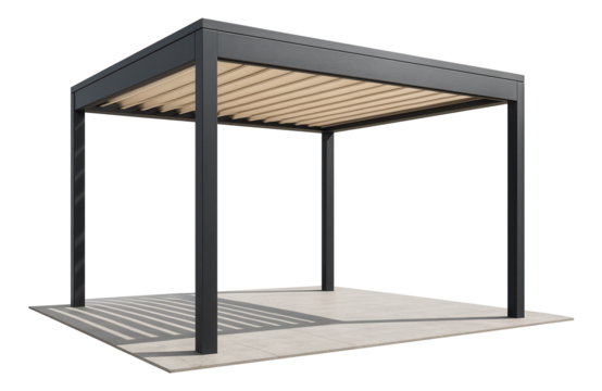 A veranda with a pergola roof for a suburban garden, providing partial shade and an elegant outdoor space.