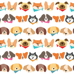 Seamless Pattern of Cartoon Dog Face Design on White Background. Hand Drawn Vector Illustration.