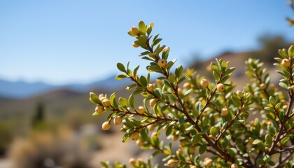 a glowing jojoba shrub with leathery leaves, known for thriving in arid desert climates with minimal water.