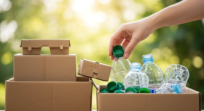 Hand sorting plastic bottle caps and cardboard boxes for recycling outdoors