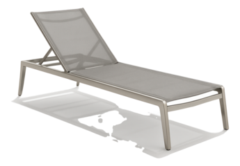 An outdoor chaise lounge for a terrace, with a sleek metal frame and breathable fabric cover.