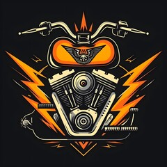 Bold vintage motorcycle illustration with lightning bolts and emblematic design, featu detailed engine components and striking orange accents on dark background
