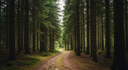 Obraz premium Path winding through a serene evergreen forest