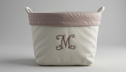 white fabric storage basket with pink trim and embroidered letter M on front, featuring handles for easy carrying, is displayed against neutral background